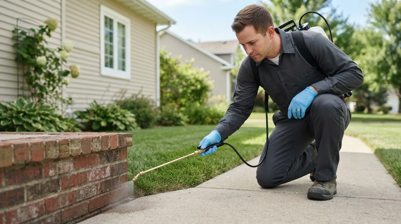 Pest control technician treating a home near Romulus, NY