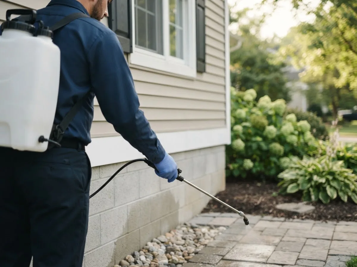 Pest control technician inspecting a home in Romulus, NY